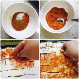 Season the First Side Take your dry spice mix (cumin, chili, salt) and sprinkle it evenly over the top of the tofu slices.