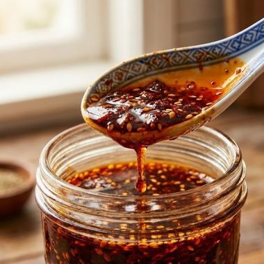 Close up photography, a ceramic Chinese spoon lifting glossy red chili oil from a jar, dripping oil, visible chili flakes and sesame seeds, warm kitchen lighting, high definition, appetizing