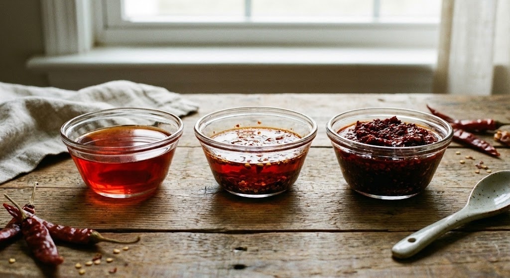 Three small glass bowls arranged in a row on a wooden table. The first contains clear red oil, the second contains oil with some flakes, the third is thick chili crisp. Soft natural lighting, rustic style.