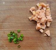 Dice Aromatics: Finely chop the scallions and dice the ham into pieces smaller than the tofu.