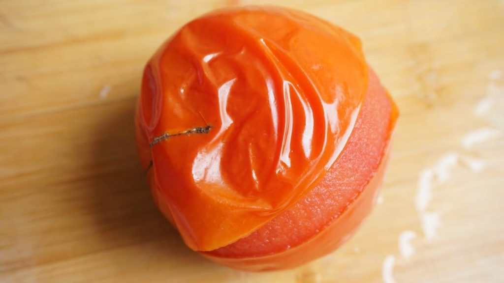 Tomatoes: Score a small "X" on the bottom of the tomato. Blanch in boiling water for 30 seconds, then peel the skin off. Dice the flesh.