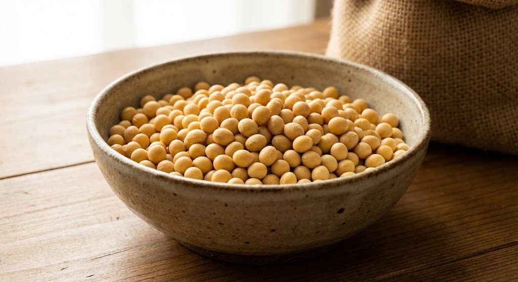 We soak dried soybeans