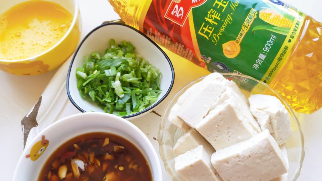 Gather the tofu, egg, cornstarch, garlic and scallions for pan-fried tofu.