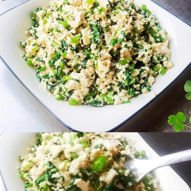 Crumbled tofu with blanched chrysanthemum greens and sesame