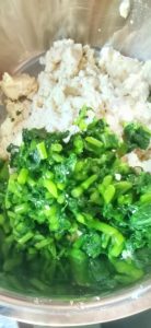 Crush the tofu and cut the greens into pieces