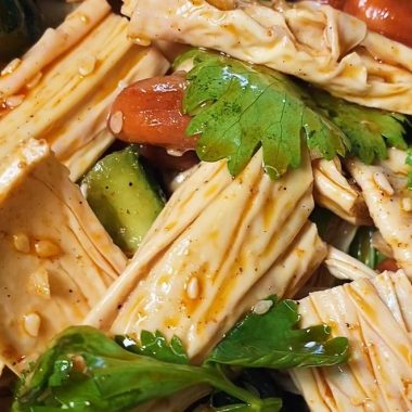 Yuba sticks in a chili-garlic dressing with cucumber and peanuts