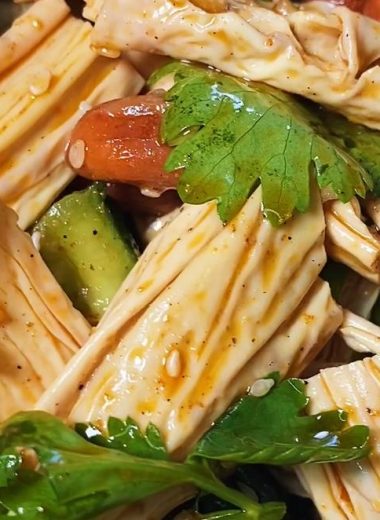 Yuba sticks in a chili-garlic dressing with cucumber and peanuts