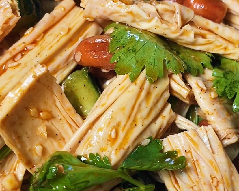 Yuba sticks in a chili-garlic dressing with cucumber and peanuts