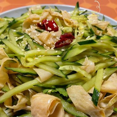 Shredded cucumber and tofu skin in a chili-scallion dressing