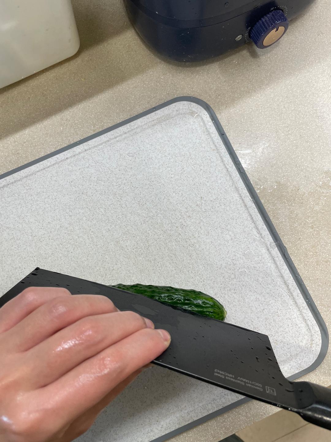 While it soaks, slice the cucumber on the bia
