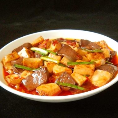 Silky duck blood and tofu in a glossy braise