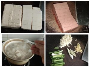 Blanch the tofu and duck blood cubes in salted water