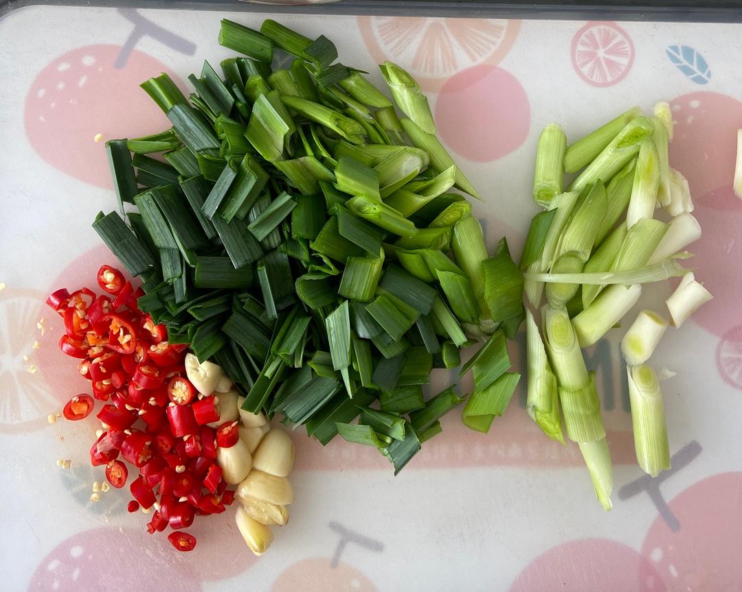 Prep the garlic, chili, and garlic-scape