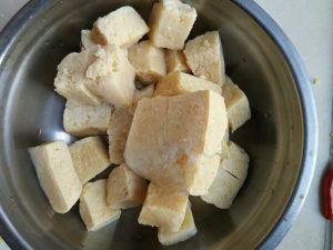 Take the frozen tofu out of the freezer and l