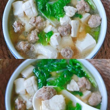 Tofu meatball soup with leafy greens