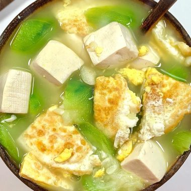 Luffa tofu egg soup in a light broth