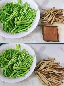Strip the old stems from the luhao, wash it,