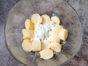 Cut the Japanese egg tofu and roll the pieces