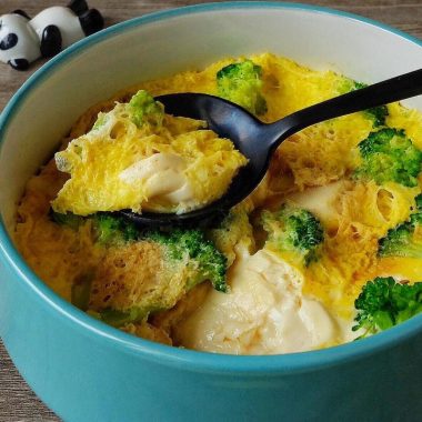 Silken tofu under set egg with soy and broccoli in a bowl