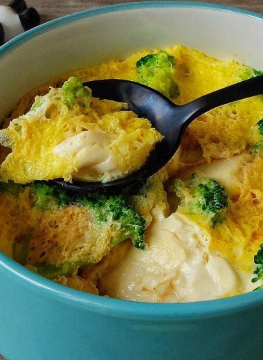 Silken tofu under set egg with soy and broccoli in a bowl
