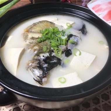 Milky fish-head soup with tofu, luffa, and century egg