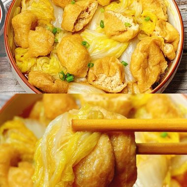Napa cabbage braised with halved tofu puffs