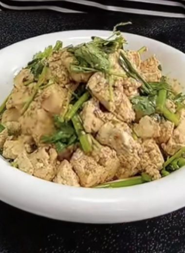 Hand-torn tofu in a yellow-bean sauce with herbs