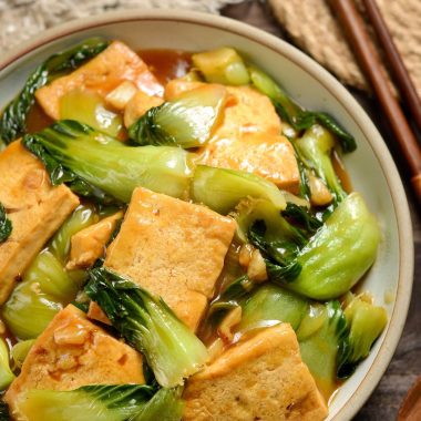 Golden tofu with bright Shanghai greens in a soy glaze