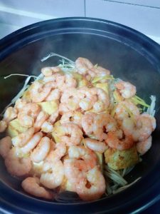 Lay the seared shrimp over the tofu