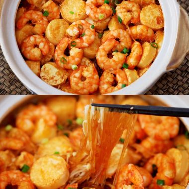 Golden egg tofu and shrimp over vermicelli in a clay pot