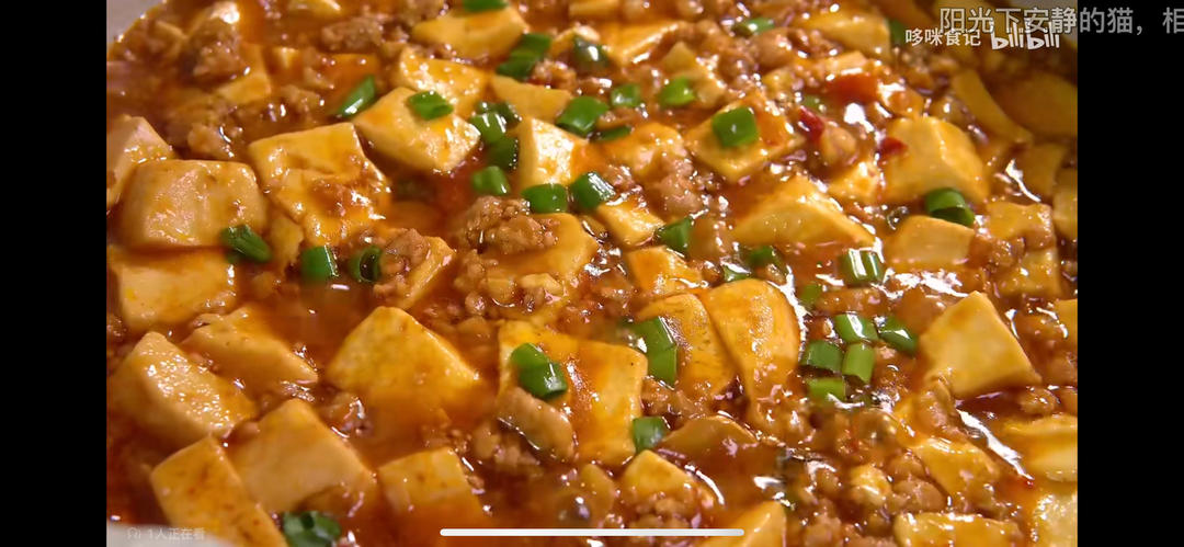 Silken tofu under doubanjiang pork mince in a glossy sauce