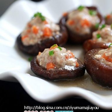 Shiitake caps filled with tofu-pork mash, steamed and glazed