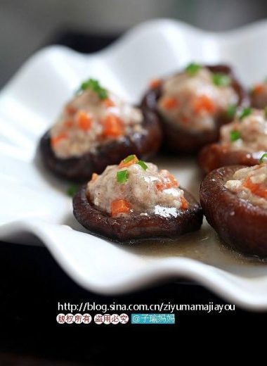 Shiitake caps filled with tofu-pork mash, steamed and glazed
