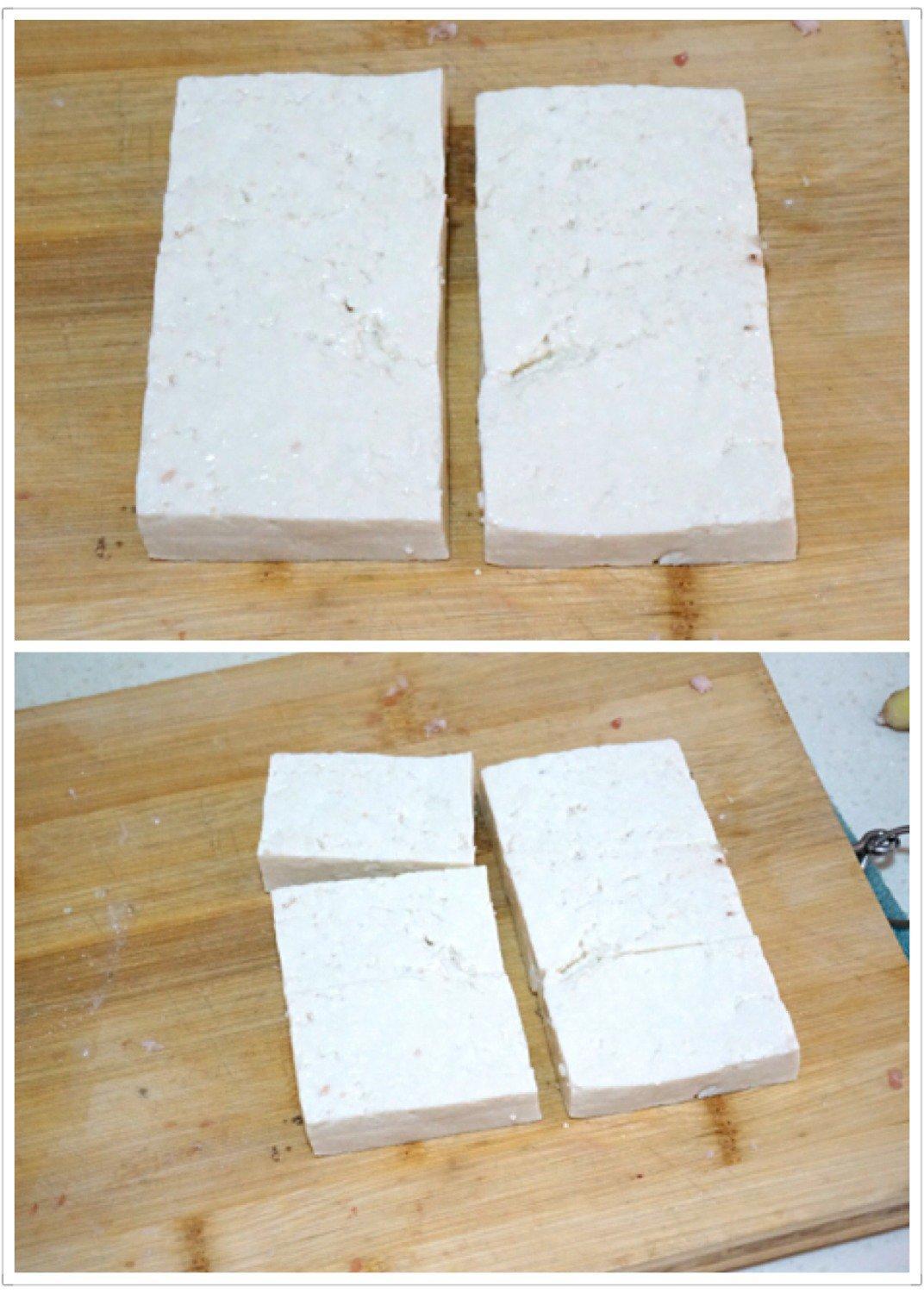 Halve the tofu, then cut each half into three
