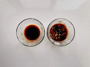 The dip: light soy, vinegar, and a few drops