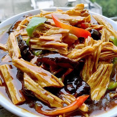 Yuba and shiitake glazed with oyster sauce and carrot